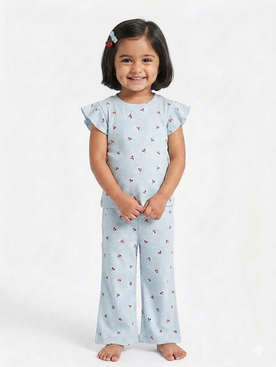 Blue cherry ribbed cotton full coord set(palazzo)