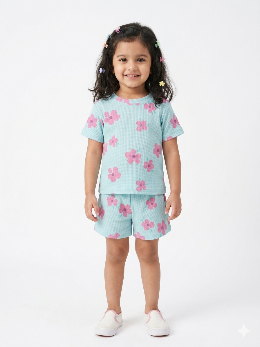 Blue&pink waffle fab sleeve short set