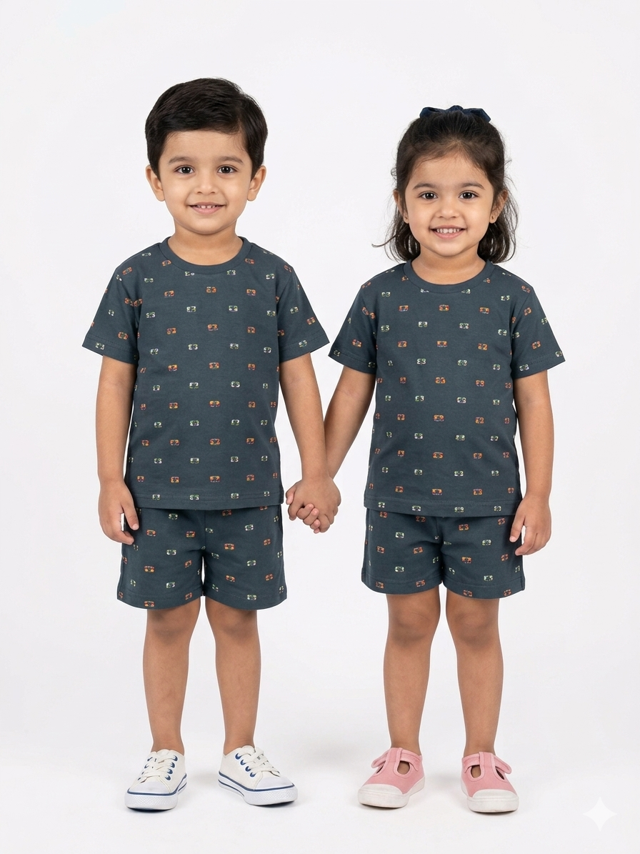 Grey camera print sleeve short set