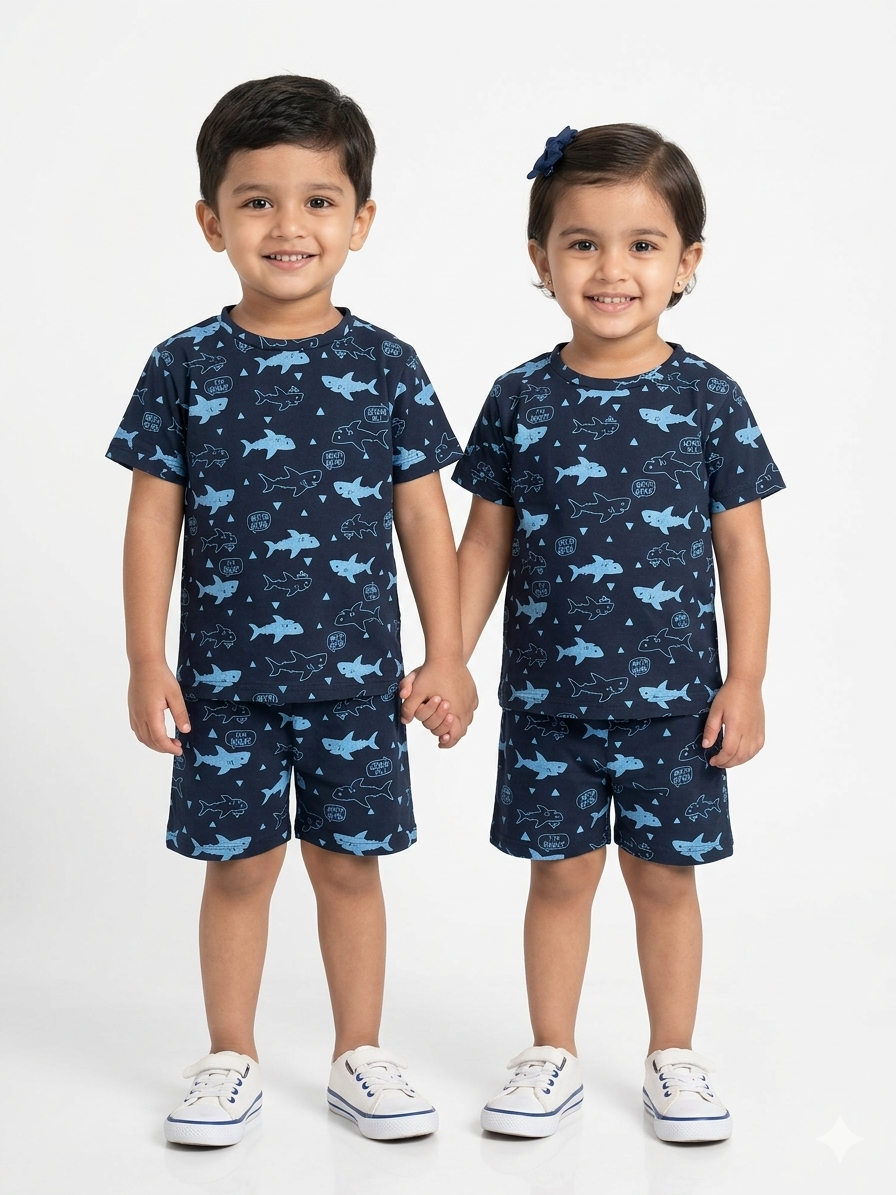 Navy shark sleeve short set