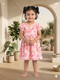 Peach tropical abstract print frock plain & ruffle double sleeve