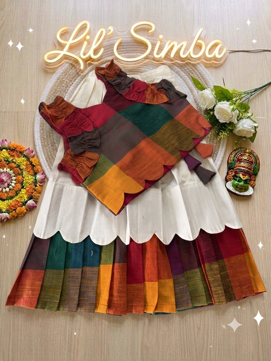 Madras Check Ruffled Crop Blouse & Scalloped Skirt Set