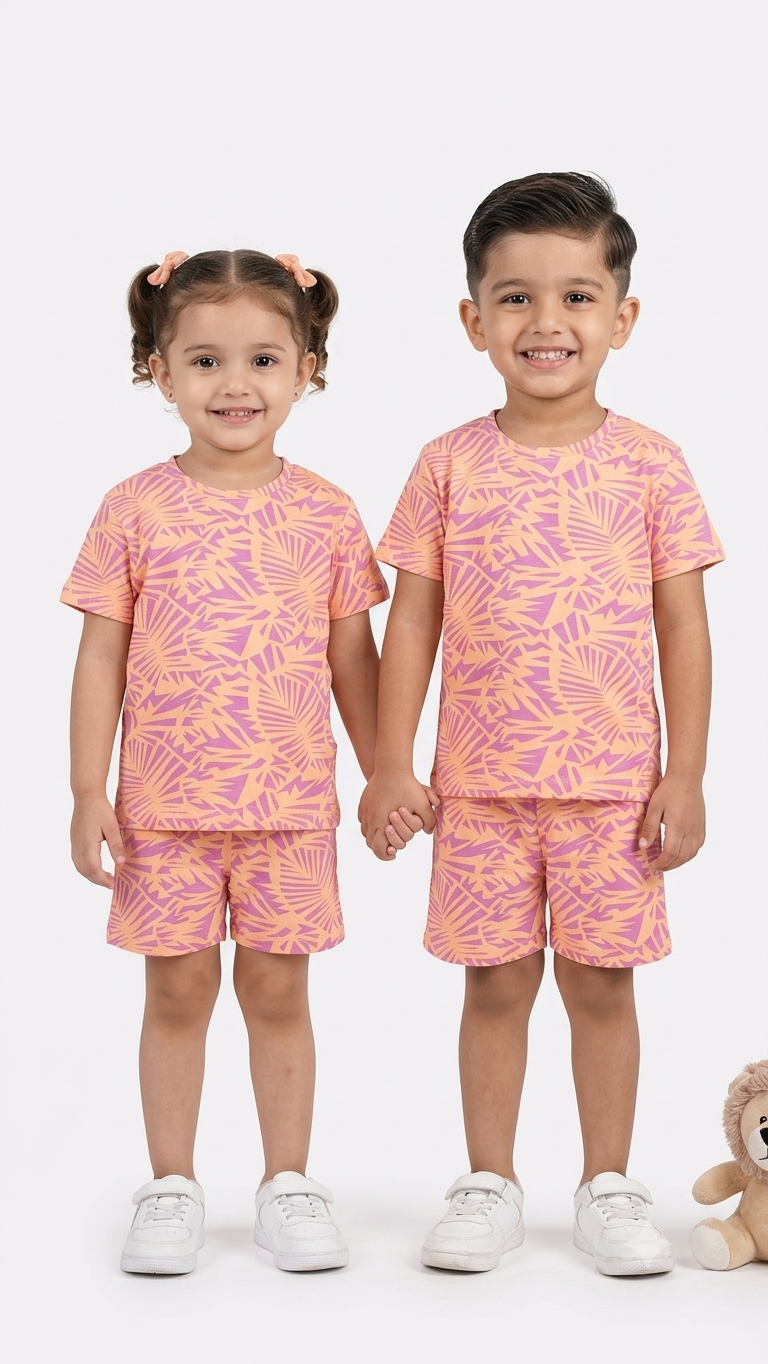 Peach n purple tropical sleeve short set