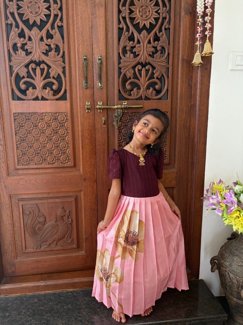 Silk blend Maroon top & pink traditional floral long pleated maxi - Lil'Simba Kids Clothing Store