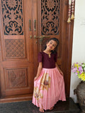 Silk blend Maroon top & pink traditional floral long pleated maxi - Lil'Simba Kids Clothing Store