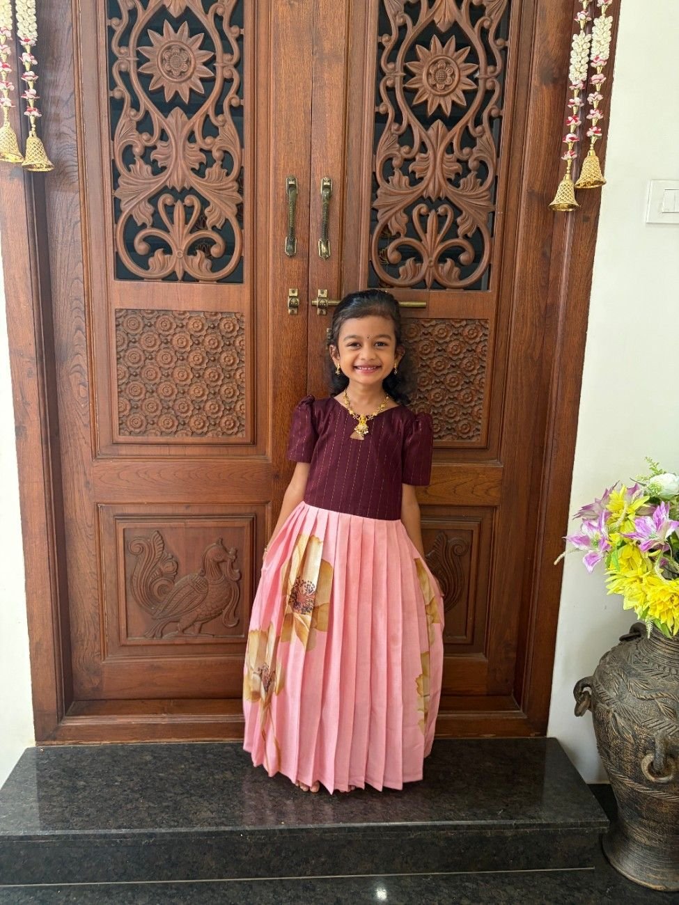 Silk blend Maroon top & pink traditional floral long pleated maxi - Lil'Simba Kids Clothing Store