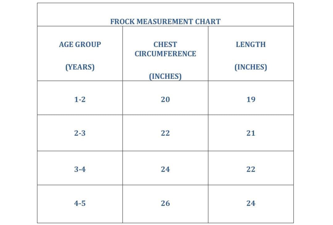 Size chart for frocks - Lil'Simba Kids Clothing Store