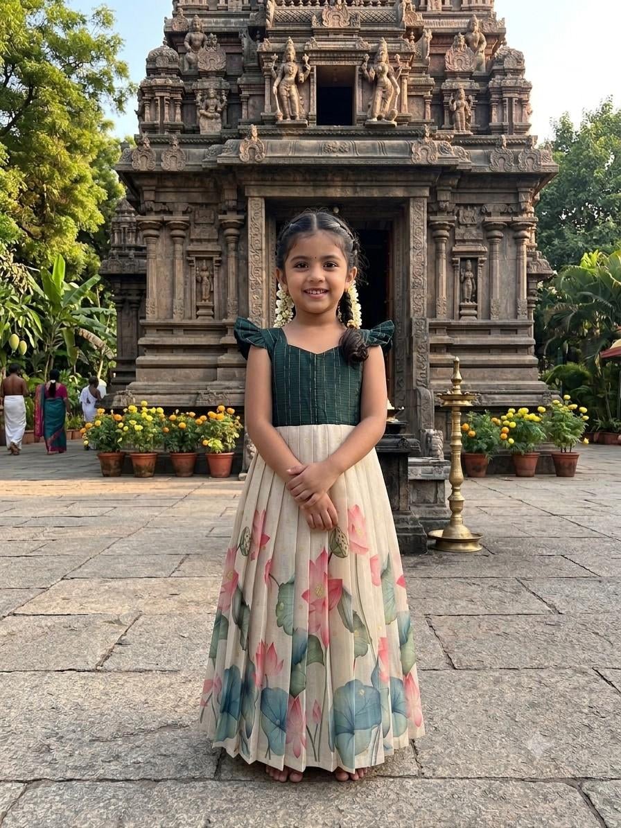 Tamara bottle green long pleated fusion frock - Lil'Simba Kids Clothing Store