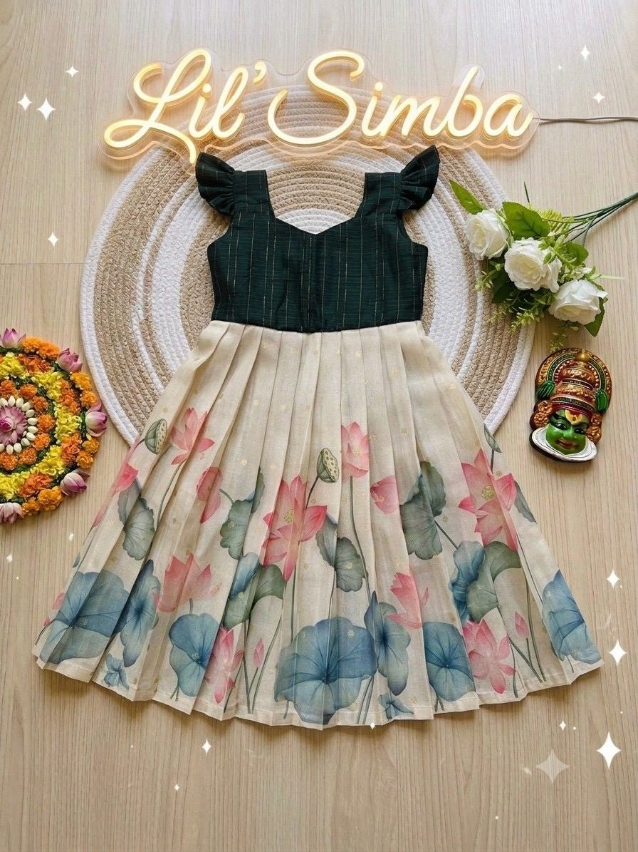 Tamara bottle green long pleated fusion frock - Lil'Simba Kids Clothing Store